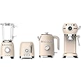 RADOCO Retro Breakfast Set, Kettle 1.7L, 2-Slice Toaster, Espresso Machine, Blender, Stainless Steel, Glossy Cream, 2-Year Guarantee
