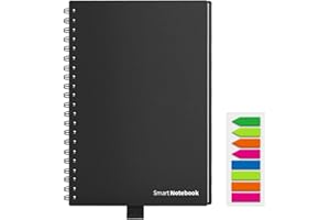 HOMESTEC Reusable Smart Notebook - A5, Black, 6 Page Styles, Endlessly Reusable Note Pad, a Pen, Self-Stick Notes and Wipe Included (Lined and Dot-Grid Pages)