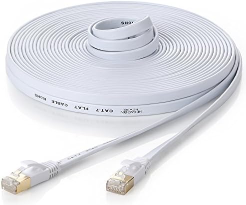 Hexagon Network - Ethernet Cable Cat7 Flat 50ft White, Shielded (STP) Network Cable Cat 7 Flat Slim Ethernet Patch Cable, Internet Cable With Snagless RJ45 Connectors - 50 Feet White
