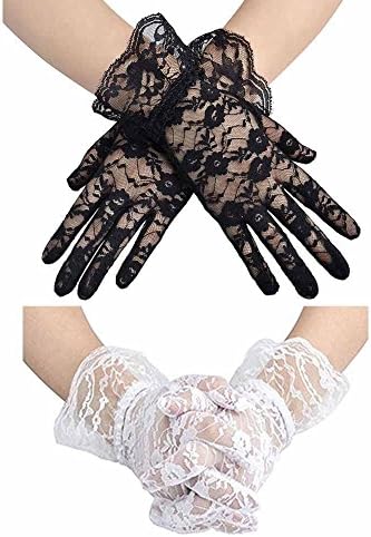 Bryhair Women Lace Gloves for Ladies Wedding Party Short Wrist Length Pack of 2(White and Black)