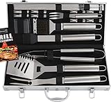 Romanticist 18pc Ustensiles pour Barbecue - Premium Accessoires Barbecue pour Les Hommes Papa Cadeau d'anniversaire - Barbecue Extérieur Grill Accessoires dans Un étui de Rangement en Aluminium