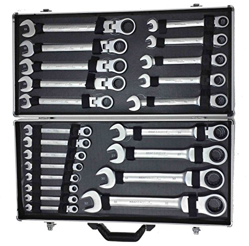 LLAVES FIJAS CON CARRACA ARTICULADA MALETA DE HERRAMIENTAS CROMO VANADIO DE 6MM A 32MM SET DE 22PZS