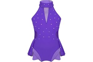 Freebily Vestito Pattinaggio Artistico Bambina con Strass Schiena Scoperta Body da Ginnastica Artistica Ballerina Tutu Danza Classica Balletto Dancewear Abito Ballo Latino