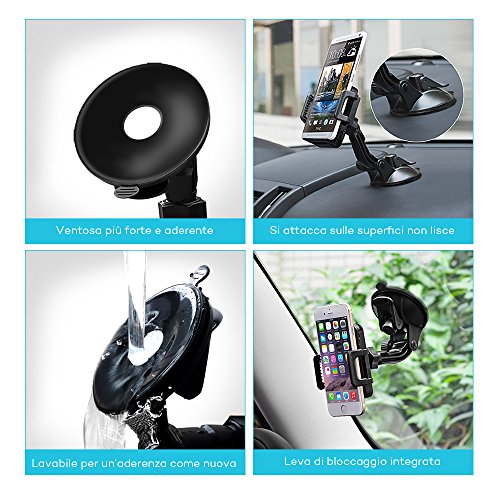 Supporto Auto Smartphone TaoTronics Porta Cellulare Auto, Sostegno Smartphone Auto con Rilascio Automatico e Larghezza 5cm-9cm di Braccia, 360 Gradi di Rotazione per iPhone, Smartphone Android, Telefoni Cellulari e Navigatori da Auto