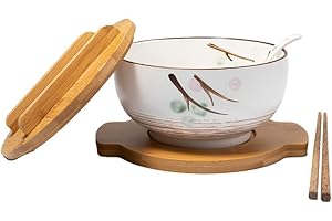 lachineuse - Grand Bol Asiatique en Porcelaine - Soupe & Nouilles - Teinte Blanche ⌀ 16 cm - Style Japonais Zen - Contenance 1000 ml - Cuillère, Baguettes & Support - Déco Cadeau Vaisselle Japonaise