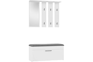 CDF Garderobe mit Spiegel & Schuhschrank - 6 Haken mit Sitzbank – Modernes Möbel im skandinavischen Design – 100x35x180 cm – Weiß - Praktischer Stauraum für Schuhe, Jacken & Accessoires