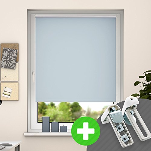 DESWIN Rollos - Set: Verdunkelungsrollo + Premium-Klemmhalter - 55 x 160 cm BABYBLAU - (KlemmFix Rollo mit Metallkette, Klemmhaltern, Rollo-Magnete, Halter zum Schrauben)