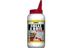 UHU Colle à bois express - Plus forte que le bois, résistante à l'humidité, D2, sans solvants, embout de précision, transparente, biberon 250g