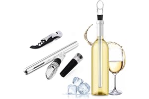 WIWONEY Refrigeratore per Bottiglie Vino, Asta di Raffreddamento Inox, Bastone di raffreddamento del vino, Set 4 in 1 con Refrigeratore per Vino, Cavatappi, Versatore e Tappo Bottiglia Vino