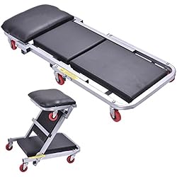 COSTWAY Chariot de Visite Mécanicien Pliable,2 en 1 Planche et Siège de Travail,6 roulettes Pivotantes à 360°,Charge Maximale 150KG