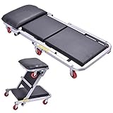 COSTWAY Chariot de Visite Mécanicien Pliable,2 en 1 Planche et Siège de Travail,6 roulettes Pivotantes à 360°,Charge Maximale 150KG