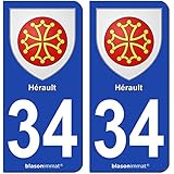 Autocollants Immatriculation Hérault 34 - Lot De 4 - Occitanie - Noir Et F - 45x100mm