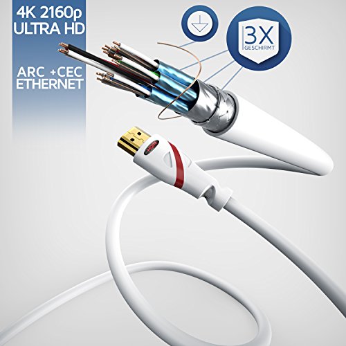 15m – Ultra HD 4k HDMI Kabel | High Speed with Ethernet | Kabel 3 fach geschirmt / inkl. Stecker- und Kontaktschirmung | 4K Ultra HD 2160p bei 30 Hz / Full HD 1080p | 3D / ARC / CEC | AWG24 (Kabeldurchschnitt für Überlängen) | weiß | 15,0 Meter - 3