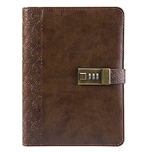 Xytmy Cuir PU Housse classique Business Journal ordinateur portable avec serrure à combinaison Carnet de notes en cuir rechargeable. café