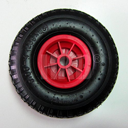 HKB ® 1 Stück Sackkarrenrad, Gummirad 3.00 – 4 inklusive Schlauch und Ventil, auf roter Kunststofffelge mit Gleitlager, Tragkraft 130kg, ø=260mm, Breite = 85mm, Nabe 80mm breit für Achse ø=20mm, Mantel aus widerstandsfähigem Gummi, in Verbindung mit Lenk- oder Bockrolle ideal für Transportwagen und Plattformwagen geeignet, auch für Bollerwagen und Handwagen, Artikel-Nr. 20164 - 3