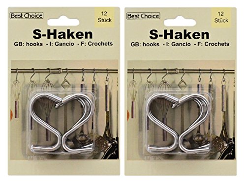 2 x 12er-Set (also insgesamt 24 Stück) S-Haken # # Metallhaken verchromt # Küchenhaken # Werkstatthaken # Badhaken # für Lochwände, Wandgitter und Metallstangen # Maße Öffnung: 1,5cm # Hakenstärke: ungefähr 3mm # Gesamthöhe: ungefähr 5,5cm