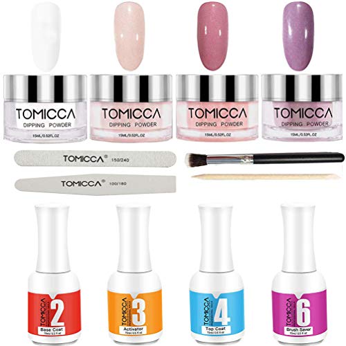 Dip Powder Nail Kit New Fashion Dipping Powder Starter System No Need UV/LED lamp Easy for DIY Nails Manicure Mixed 4 Different Colors/kit with Free Nail File and Remover Good Guarantee (Pink Series)
