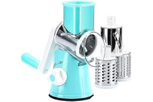 ZEALBEA FOCUS Rotary Cheese Grater Manual Cheese Rotary Grater Round Mandoline Slicer Grinder with 3 Inner Adjustable Blades Super Vacuum Suction Base (Blue)