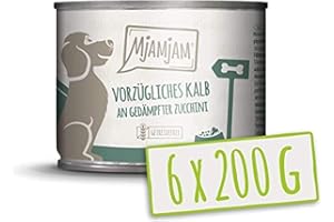 MjAMjAM - nourriture humide premium pour chiens - excellent veau aux courgettes vapeur, pack de 6 (6 x 200 g), sans céréales avec supplément de viande