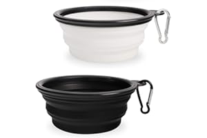 SLSON 2PZ Ciotola Pieghevole per Cane,Ciotola Viaggio Cani con Moschettone Alpinismo,Ciotola Portatile Usato per Gatti,Cani e Animali Domestici per L’Acqua e Cibo (350ml,Bianco e Nero)