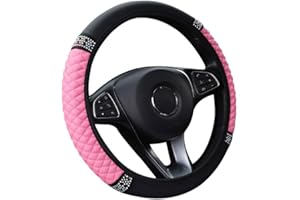 Flaconi Couvre Volant Voiture,Accessoire Voiture Interieur,Housse De Volant De Voitures sans Anneau Intérieur en Cuir Brodé,Convient aux Volants de Taille Moyenne d'un Diamètre de 14,5 à 15(Rose)