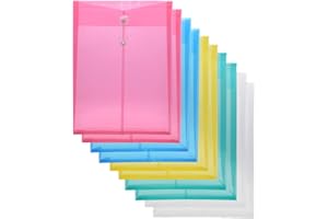 Zoohot Lot de 10 enveloppes en plastique transparent extensibles avec fermeture à cordon - Format A4 - Extension de 3,8 cm - Couleurs assorties