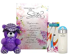 saugat traders gift for sister - greeting card, soft toy & perfume - gift for sister-birthday gift-christmas-new year gift for sister- Multi color