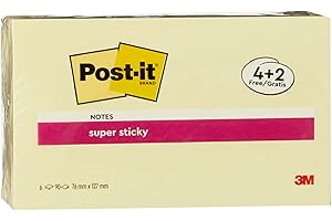Post-it Super Sticky Notes, Canary Yellow, 4 bloki + 2 BEZPŁATNIE, 76 mm x 127 mm, 90 arkuszy/bloków - dodatkowe notatki do listy rzeczy do zrobienia i przypomnienia