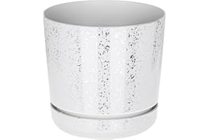 KORAD White with Silver Flecks Indoor Plant Pots with Drainage Holes and Matching Saucer, Round, Modern and Decorative Flowerpot for All Houseplants, 6 Sizes, 25 Colours (18 cm - 7 inch)