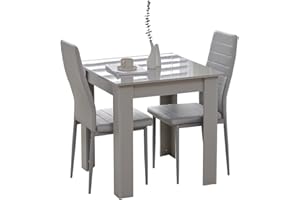 Rainbow Tree Modern 3-Piece Dining Set, Wooden Square Table with 2 Leather Chairs for Small Spaces (Grey Table+2 Grey PU Chairs)