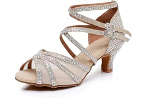 Rosefinch Chaussures de Danse Latine Strass Salsa Chaussures de Danse pour Femmes/Filles, Semelles Souples 5/7cm Talon 34-41EU