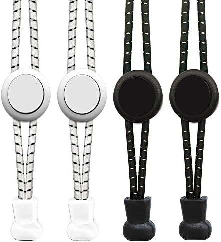 No Tie Elastic Shoelaces with Lock - 2 PAIRS with Reflective Thread - Black Round Shoe Lace for Children Kids Adult Runner- Pull-Tight Replacement Sport Shoe Accessory for Running Triathlon Climbing Fitness, Hiking