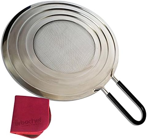 UrbaChef Splatter Screen for Frying Pans and Pots - Premium Stainless Steel Fine Mesh Grease Guard with Silicone Covered Handle - 11.75 inch Multipurpose Splash Guard - Includes Tea Towel