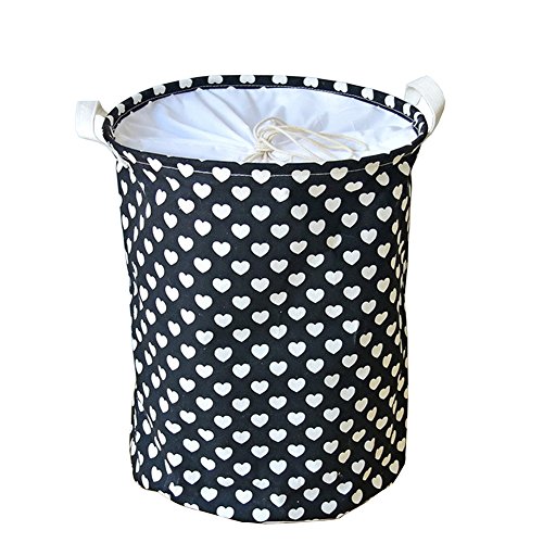 gossipboy Love Muster Rund Groß Leinen & Baumwolle Stoff Wäschekorb, zusammenklappbar Korb Kleidung Organizer Storage Müllbeutel-43,2 x 33 cm schwarz