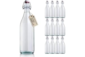 acquaverde | 12 Bottiglie in Vetro 1 Litro per Acqua, Bevande e Liquori, Bottiglia Costolata Trasparente, Design Vintage, Contenitore Alimentare con Tappo Meccanico Ermetico Incluso