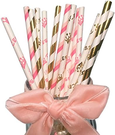 Princess Party Straws, Biodegradable Paper Drinking Straws, Colorful Fun Paper Drinking Straws For Party, Golden Crown, Pink Crown, Golden Stripes, Double Pink Stripes Mix Colours
