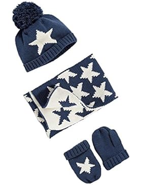 [Baby Mütze Set 3tlg] GGBaby@ Pudelmütze + Schal + Handschuhe Sternenmuster Gehäkelt Kindermütze Strickmütze Bommelnmütze...