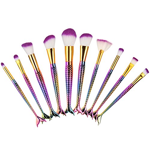 Make Up Brushes, Rcool Mermaid Tail Makeup Brush Set Tools Foundation Eyebrow Eyeliner Eyeshadow Lip Blush Cosmetic Concealer Brushes Kits (10PCS)