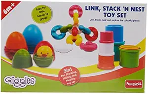 Giggles - Link Stack N Nest Toy Set , Multicolour 3 in 1 gift set, Develops motor skills , 6 months & above, Infant and Preschool Toys