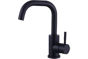 WOEN-FLOW Wasserhahn Bad Schwarz, 360° Schwenkbar Waschtischarmatur, L Form Hohem Auslauf Mischbatterie Armatur, Einfache Montage Waschbecken Armaturen für Kleine Küche Bad