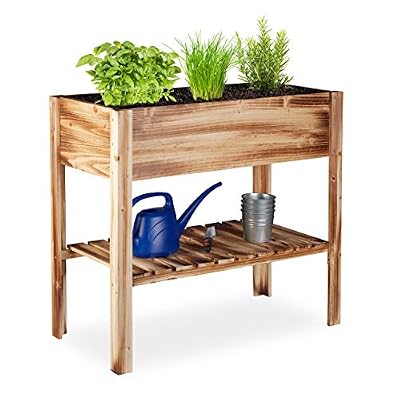 Relaxdays Carré Potager, légume, Herbes, Jardin, Balcon, Jardinière sur Pied, HxlxP: 80 x 88 x 43,5 cm, Bois flambé