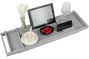 SUPFINE Bambus Badewannenablage Ausziehbar Badewannentablett, SPA Experience Wannenablage, Integrierter Buch und Regalhalter Weinglashalter, Stabile Badewannenbrett (Grau)