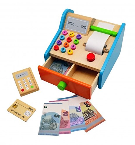 Preisvergleich Produktbild Unbekannt Spielzeugkasse Holz für Kinder mit Kartenlesegerät Chipkarte Bonrolle Tastatur Schublade Geld