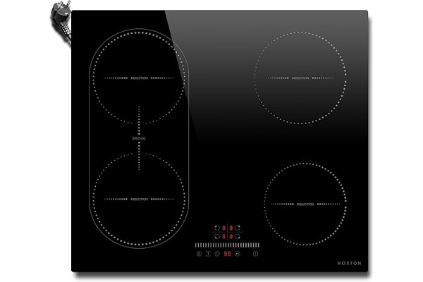 NOXTON Induktionshäll 60 cm, installation spishäll induktion 4 plattor, 3 | Flexzoner, kontakt, skjutreglage, timer, pausfunktion, barnsäkring, 220 V-240 V, induktionskokplatta