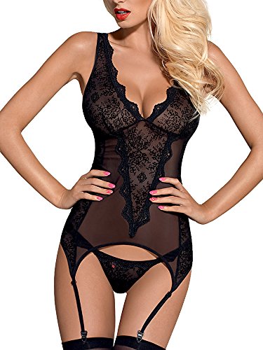 Obsessive schickes Dessous-Set aus edlem Korsett-Body mit Strumpfhaltern und String mit zarten Spitzenverzierungen, schwarz, Gr. L/XL