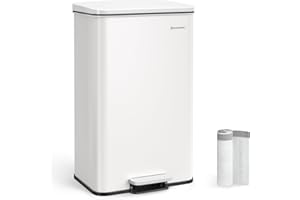 SONGMICS Kosz na śmieci kuchenny, 40 l, duży kosz na śmieci z pedałem, ze stali, z pokrywą, Softclose, w zestawie 15 worków na śmieci, biały LTB540W4002