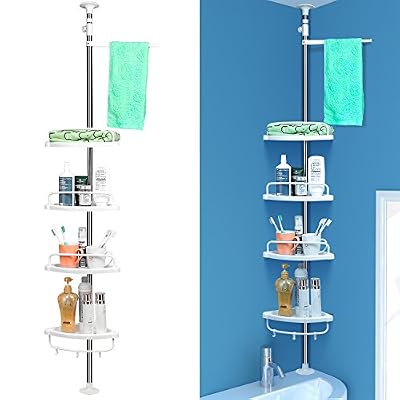 HOMFA Etagère d'angle Etagère de Douche Etagère de Salle de Bain Hauteur réglable 97-310cm 4 plateaux et un porte-serviettes Blanc
