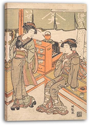 Isoda Koryūsai - At the Ise-ya Tea-house (Edo period (1615–1868)), 40 x 60 cm (more sizes available), Canvas print stretched and framed on a solid wood frame and ready to hang. Hand made high definition print on premium quality canvas.