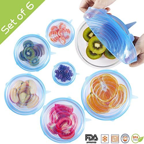 Yechile stretchable and reusable silicone lid, pack of 6 in different sizes for cans, bowls, cups, etc. blue