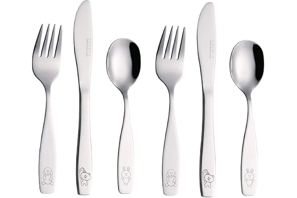 Exzact barnbestick set 6 delar rostfritt stål barn småbarn 24M+ | tål diskmaskin spegel polerad Dog katt Bunny mat Grade metall för småbarn måltider mellanmål enkel grepp rundade kniv
